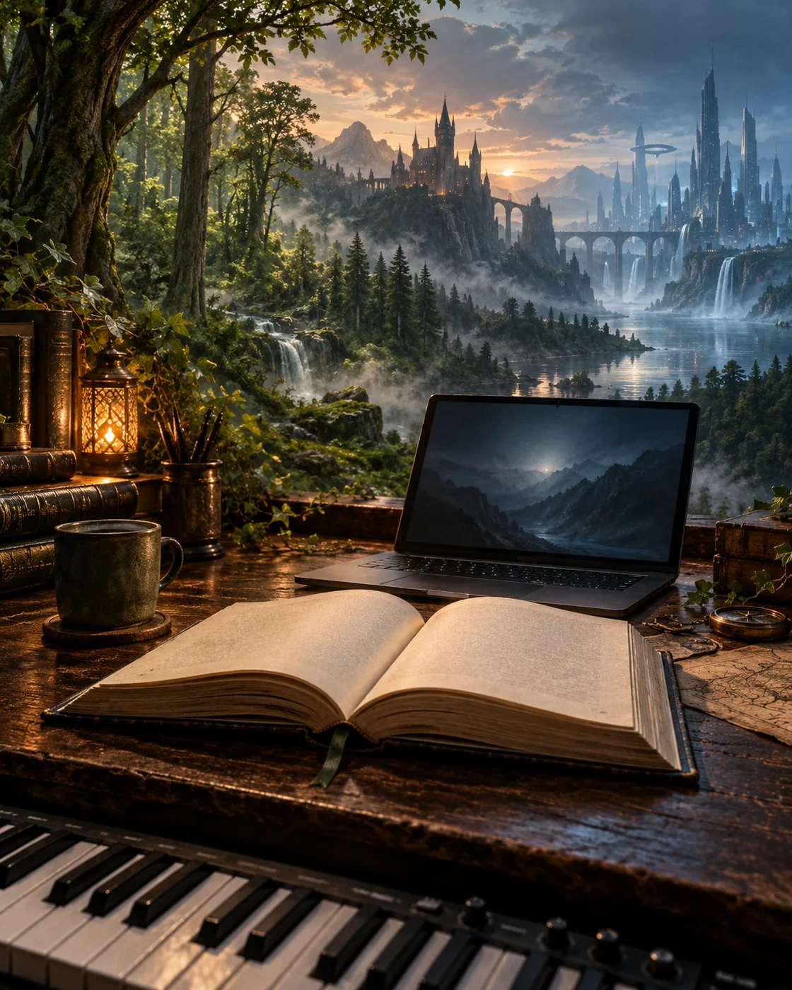 Ein offenes Buch, Notebook und Musikkeyboard vor ineinander übergehenden Wald-, Fantasy- und Zukunftswelten.