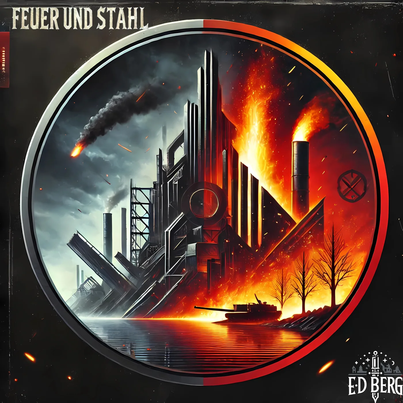Cover des ursprünglichen Albums Feuer und Stahl mit brennender Industrieanlage